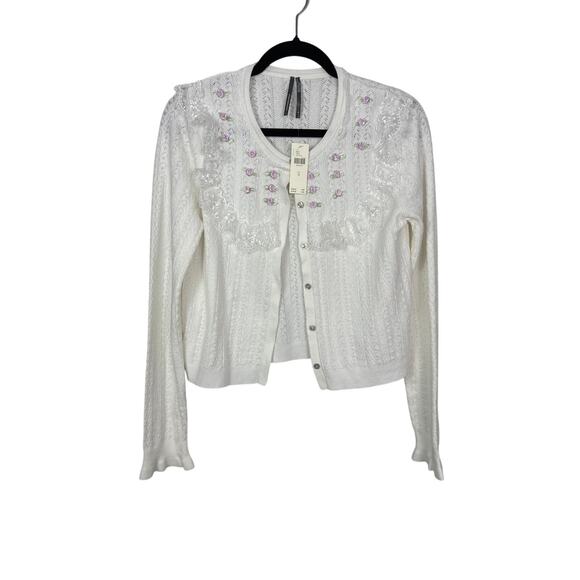 Anthropologie NWT Women’s Pointelle Rosette Crew Neck Cardigan Sweater size M - Picture 3 of 7